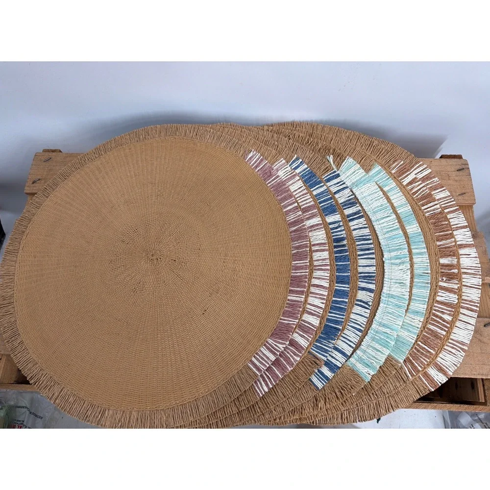 Set of 8 Round Woven Raffia Placemats Boho Fringed Edge Colorful Accents Tan